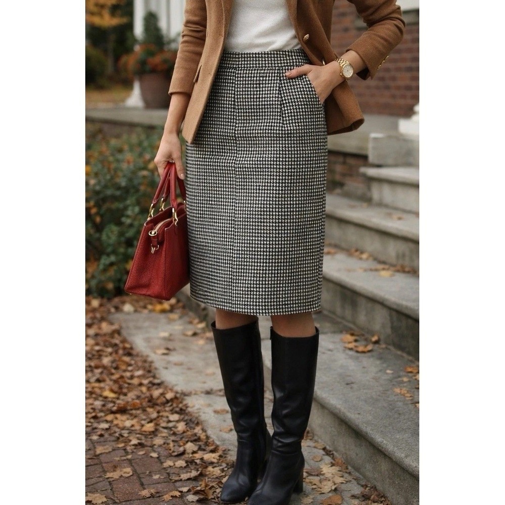 Sag Harbor Pencil Skirt Women 10 Black White Houndstooth Knee Length Career